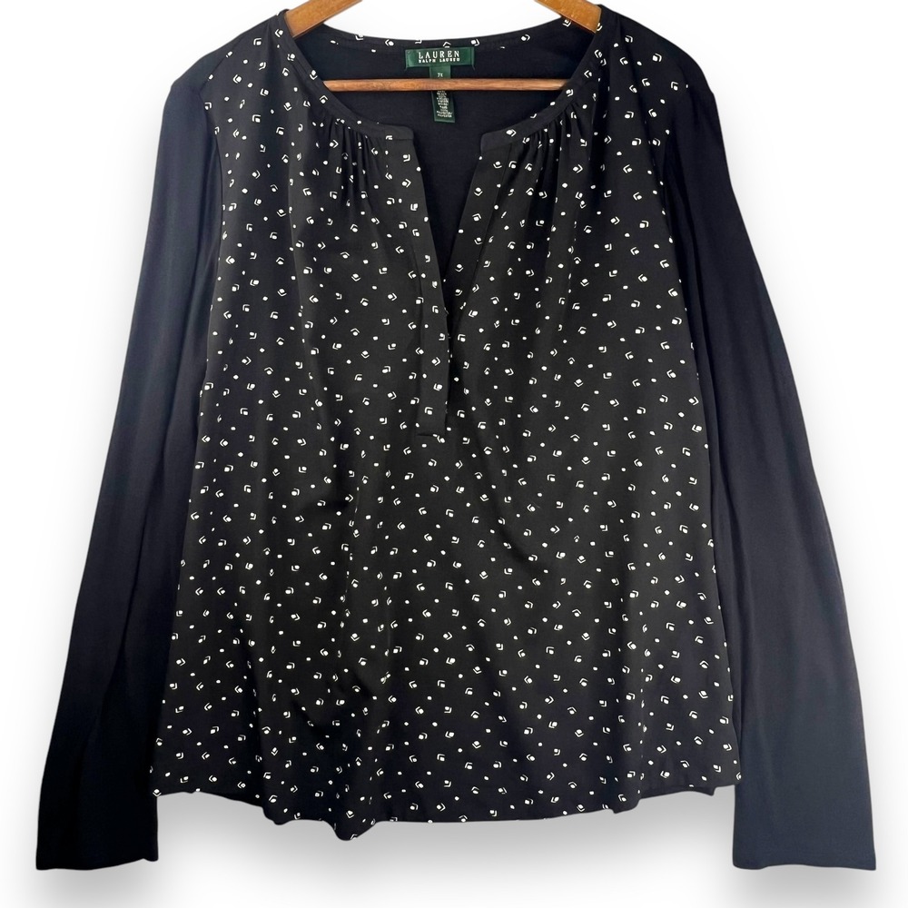 Lauren Ralph‎ Lauren Blouse Top Mixed Media Long Sleeve Black White Print 2X